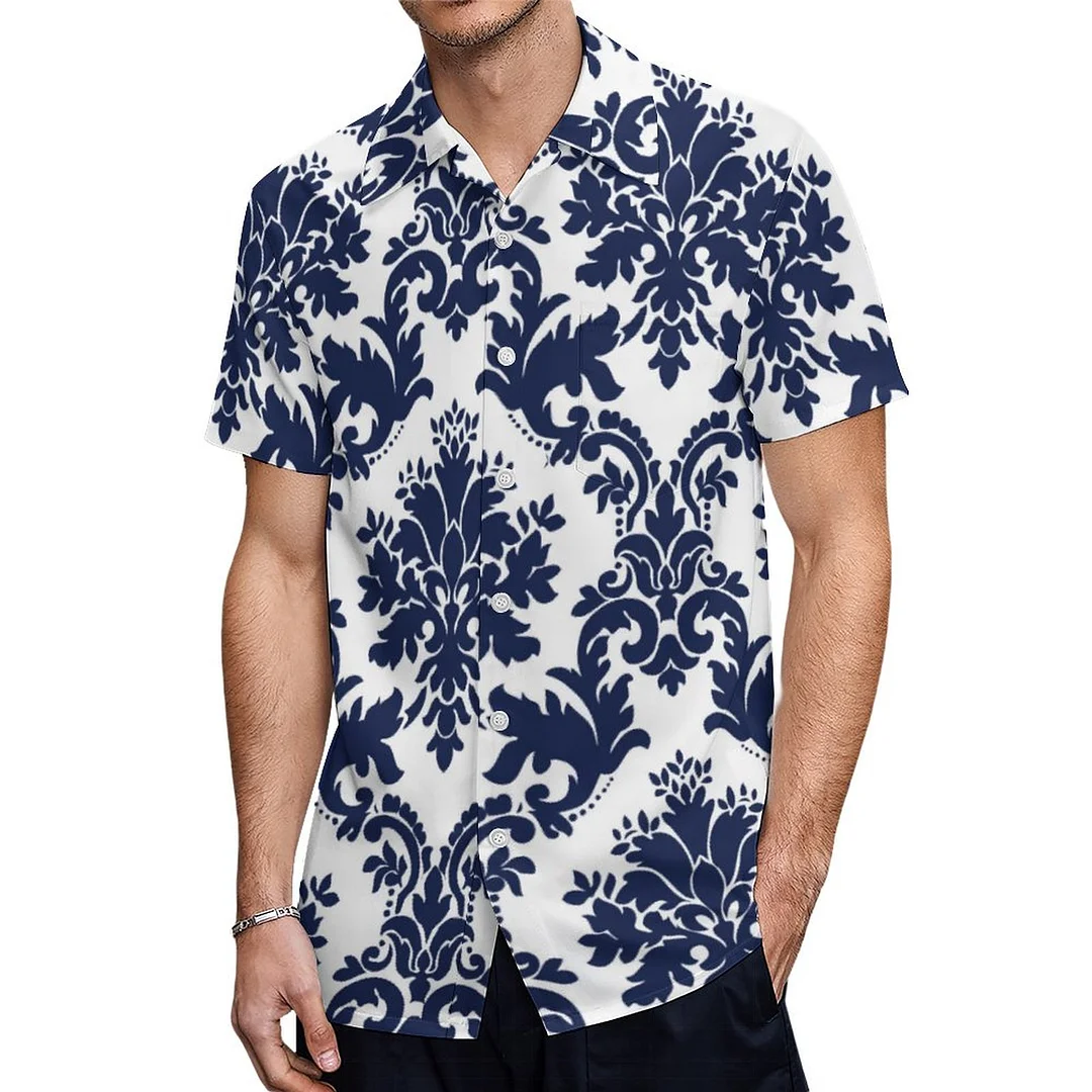 Dark Blue And White Vintage Damasks Hawaiian Shirt Mens Button Down Plus Size Tropical Hawaii Beach Shirts