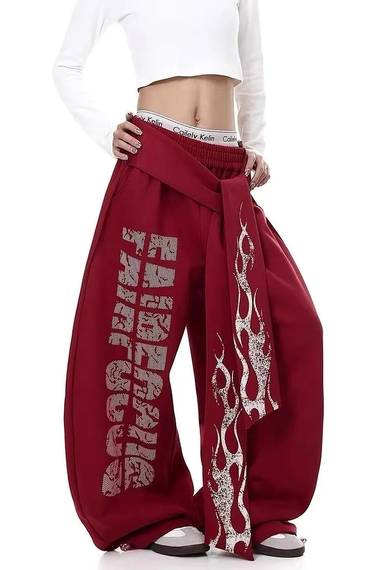 Printed Wide Leg Pants for Women with Tie Detail Waist