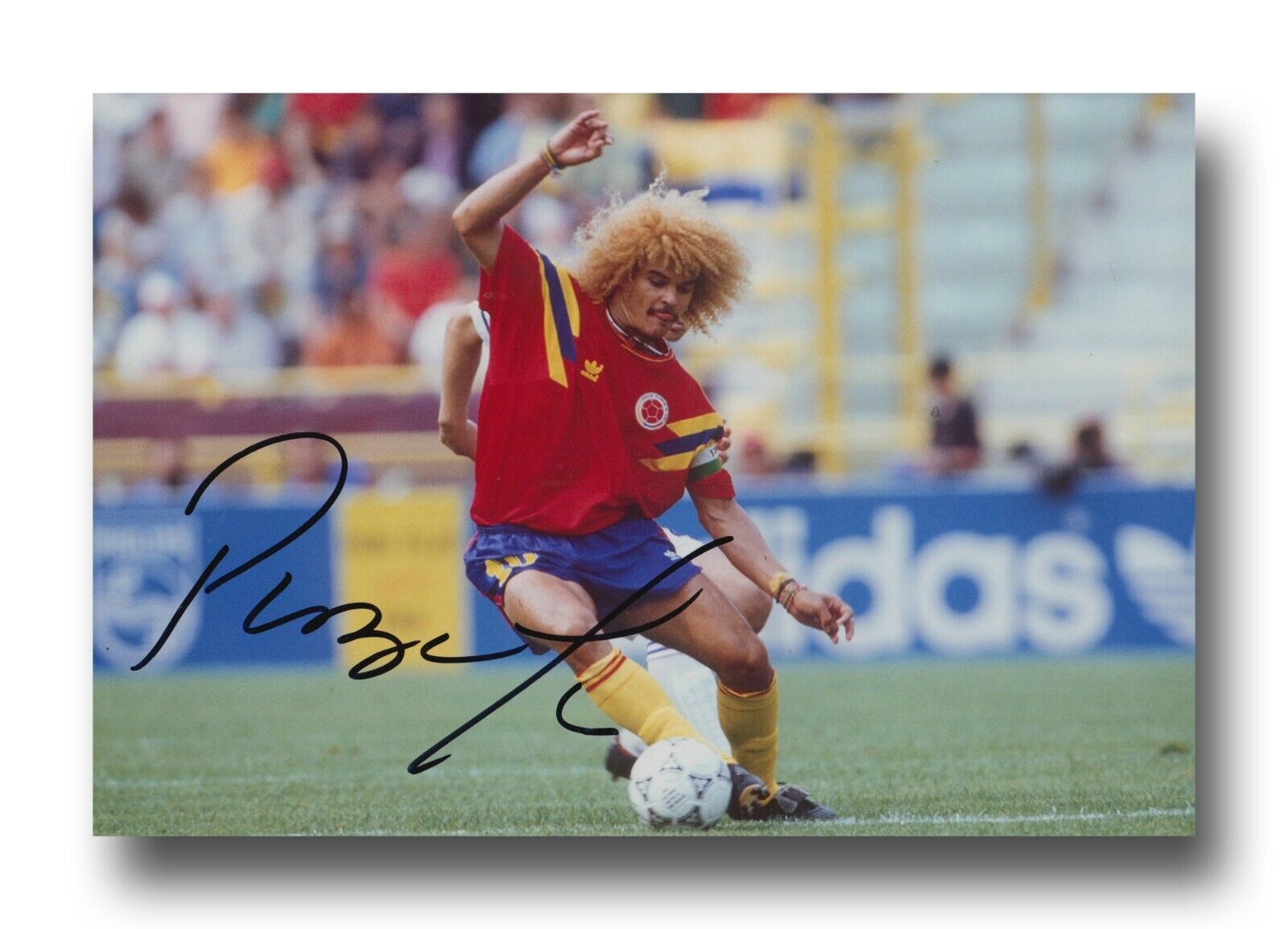 CARLOS VALDERRAMA HAND SIGNED 12x8 Photo Poster painting - COLOMBIA - FOOTBALL AUTOGRAPH.
