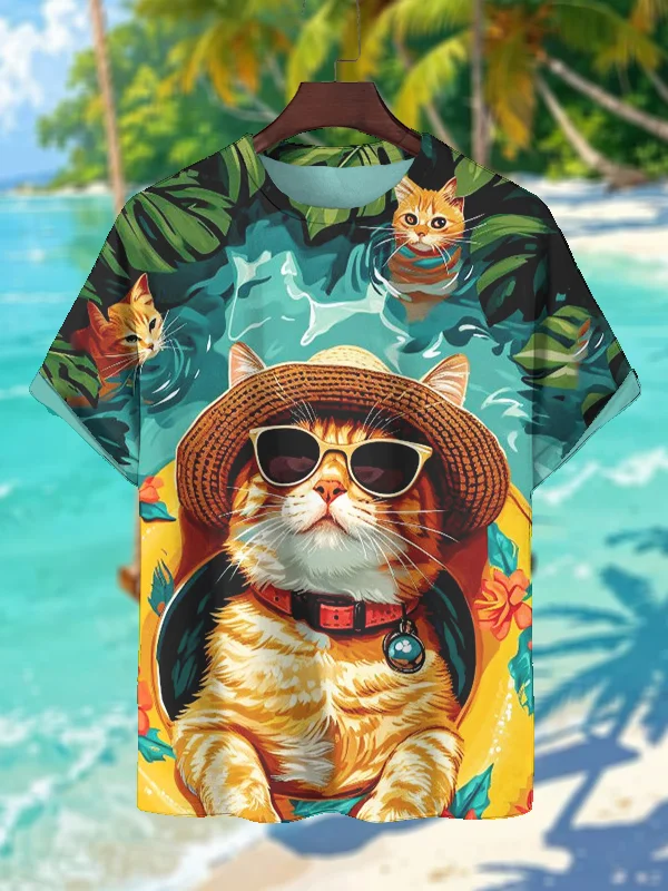 Men's Cat Swimming Pool Vacations Art Print T-Shirt