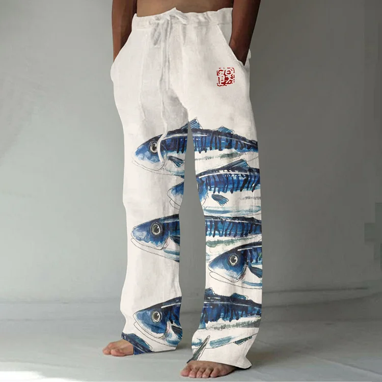 Retro Fish School Japanese Art Graphic Linen Blend Casual Pants