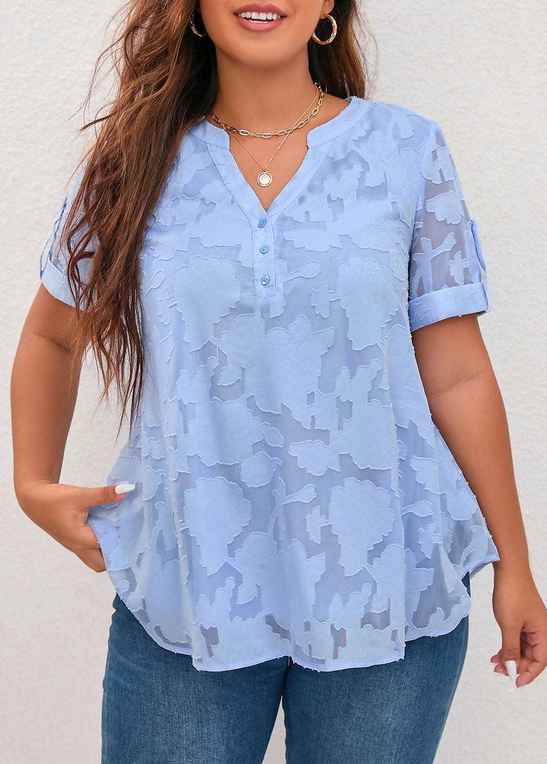 Plus Size Light Blue Jacquard Blouse