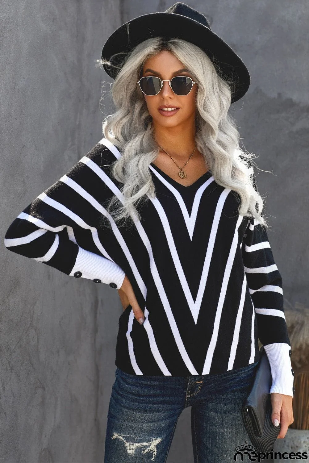 Khaki V Neck Popper Cuff Striped Casual Sweater