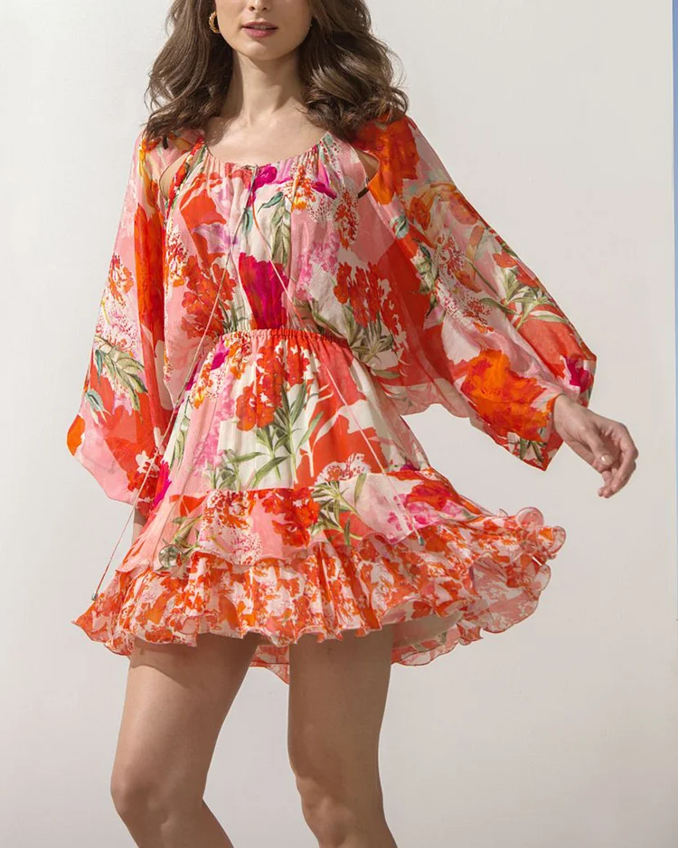 Chiffon Coral Printed Short Layer Dress