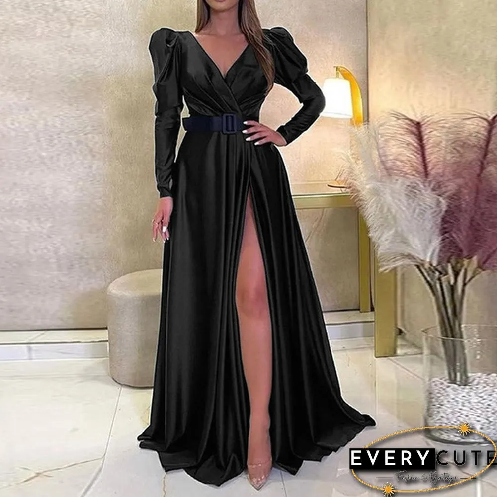 Womens V-Neck Cocktail Prom Sexy Kaftan Evening Split Silky Satin Maxi Dress Party Plus
