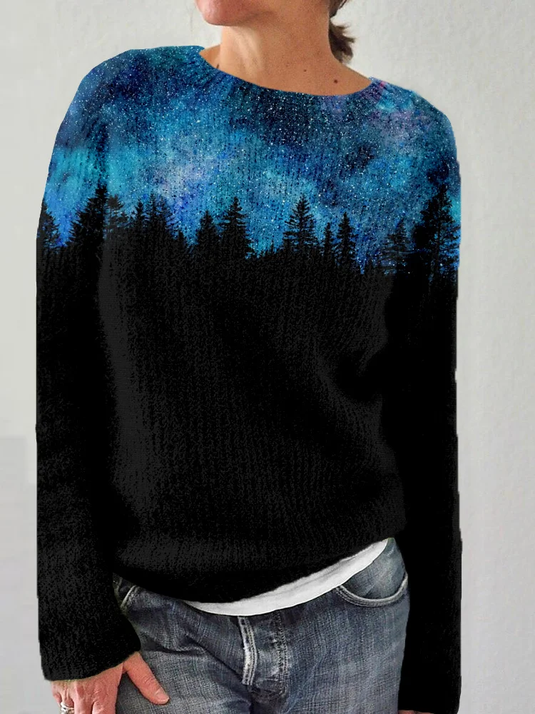 Forest Silhouette with Starry Night Cozy Sweater