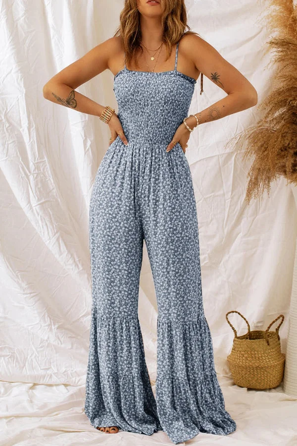 Dusk Blue Floral Print Thin Straps Smocked Wide Leg Jumpsuit