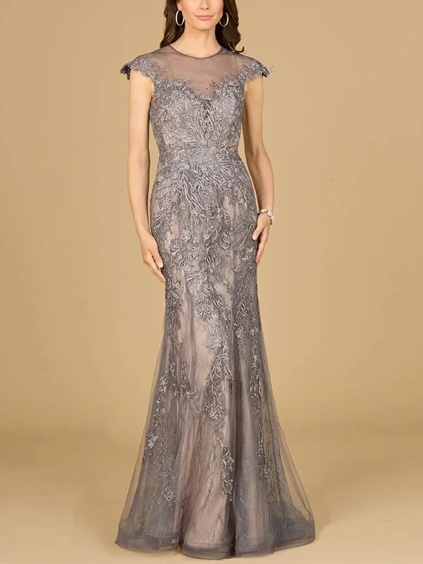 Round Neck Short Sleeve Mesh Lace Maxi Dress