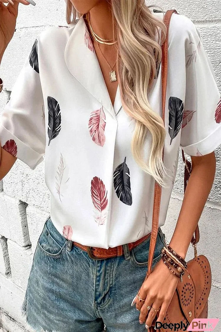 Casual Print Patchwork Turndown Collar Tops