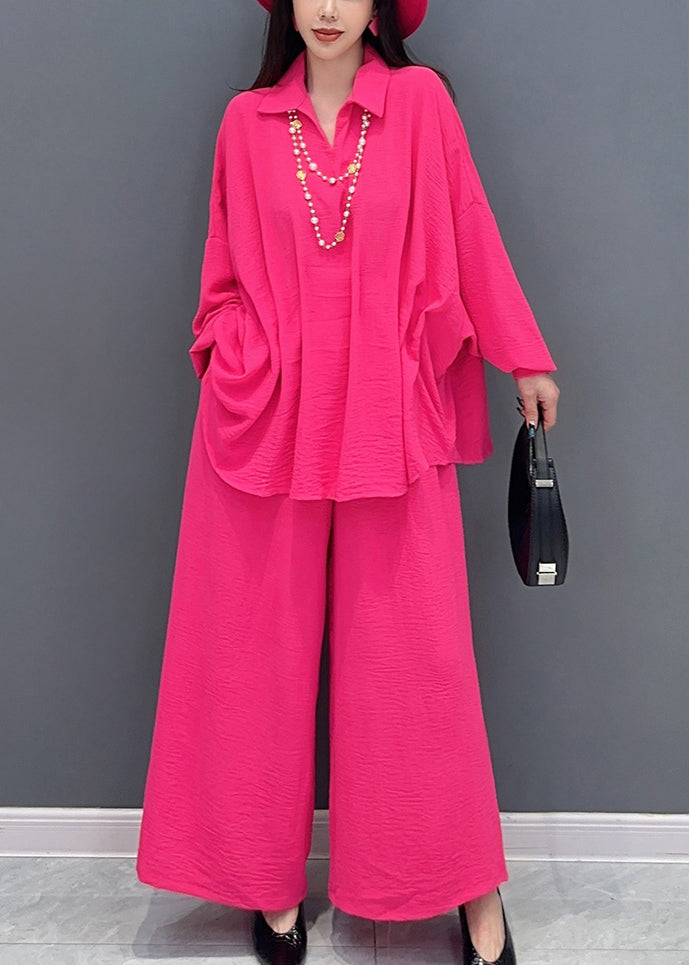 VCSHOES Rose Tops And Wide Leg Pants Cotton Two Pieces Set Spring