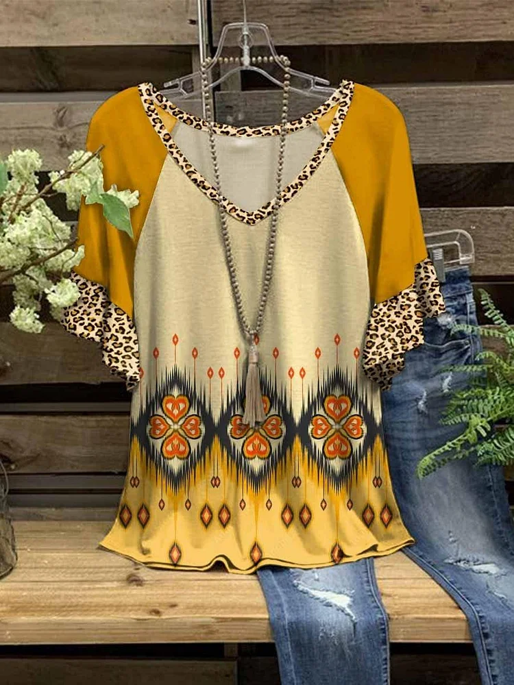 Women's Summer Fashion Multicolor V-Neck Diamond Leopard Short Sleeves