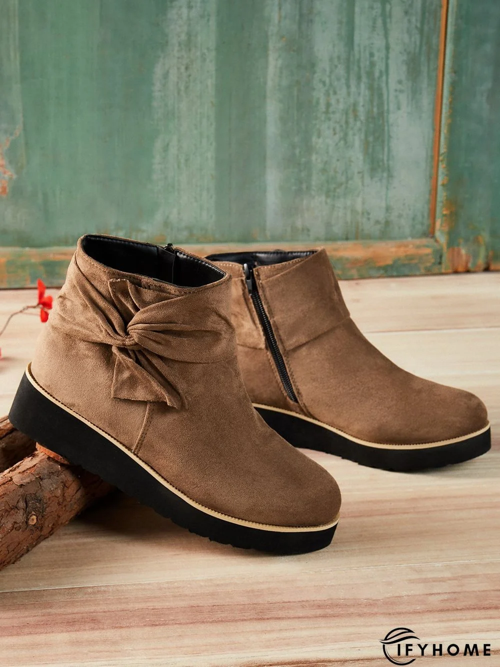 Comfortable Soft Leather Bow Round Toe Low Heel Booties | IFYHOME