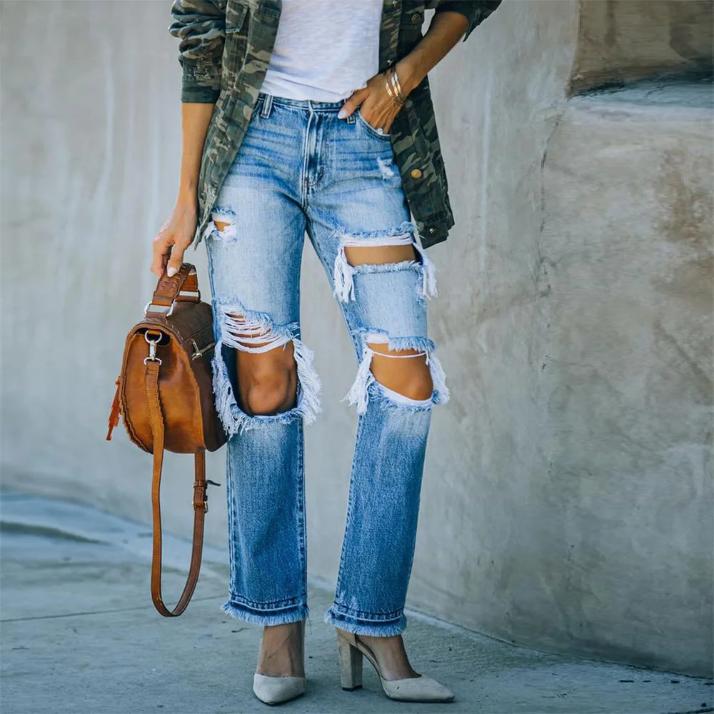 Women's Ripped Beggar Jeans Street Style Denim Jeans