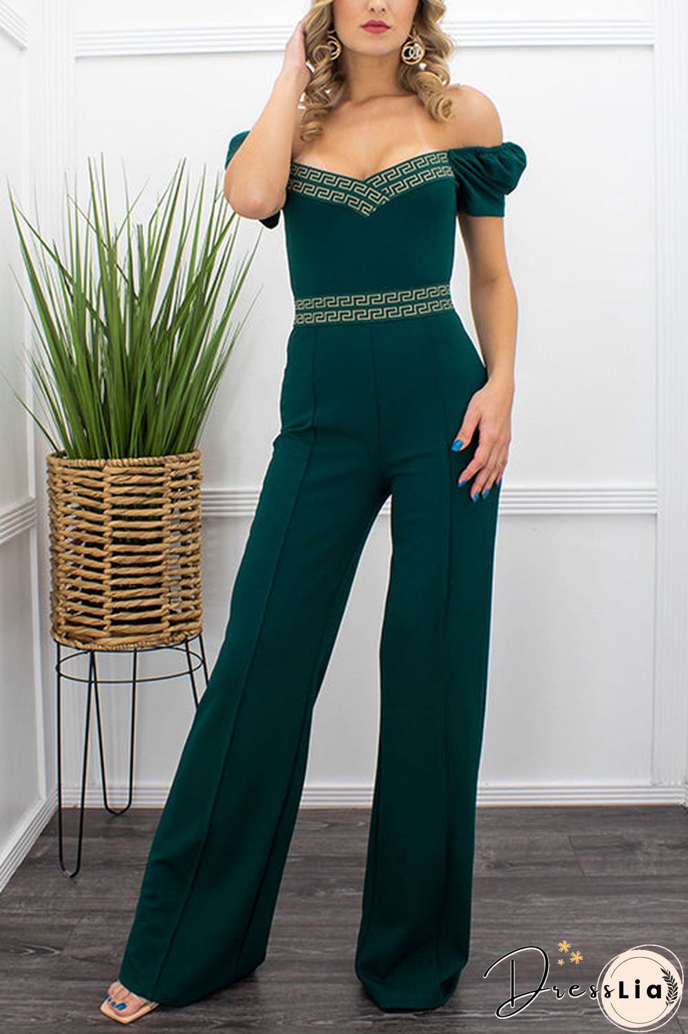 Puff Sleeve Off The Shoulder Solid Jumpsuit