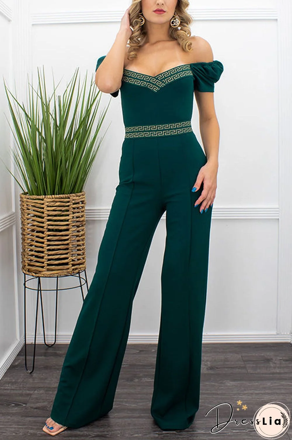 Puff Sleeve Off The Shoulder Solid Jumpsuit