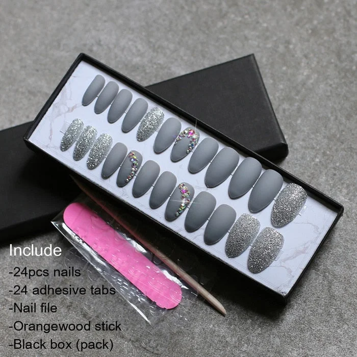 Matte glitter art nails box Match press on nails Burgundy AB rhinestone fasle nails stiletto Custom nails white blue pink-Nail Inspo