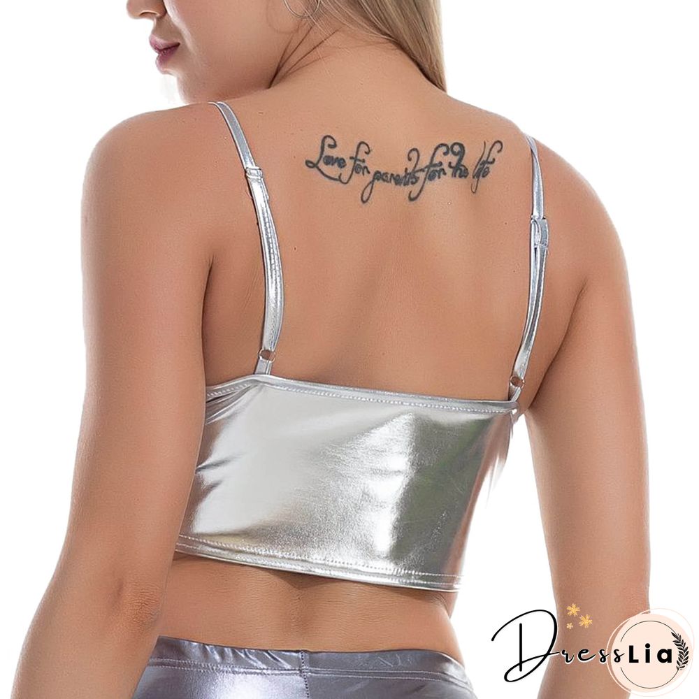 Women Sexy Shiny Metallic Crop Top Wet Look Adjustable Strap Holographic Cami Tank Top Rave Dance Vest Top Party Clubwear