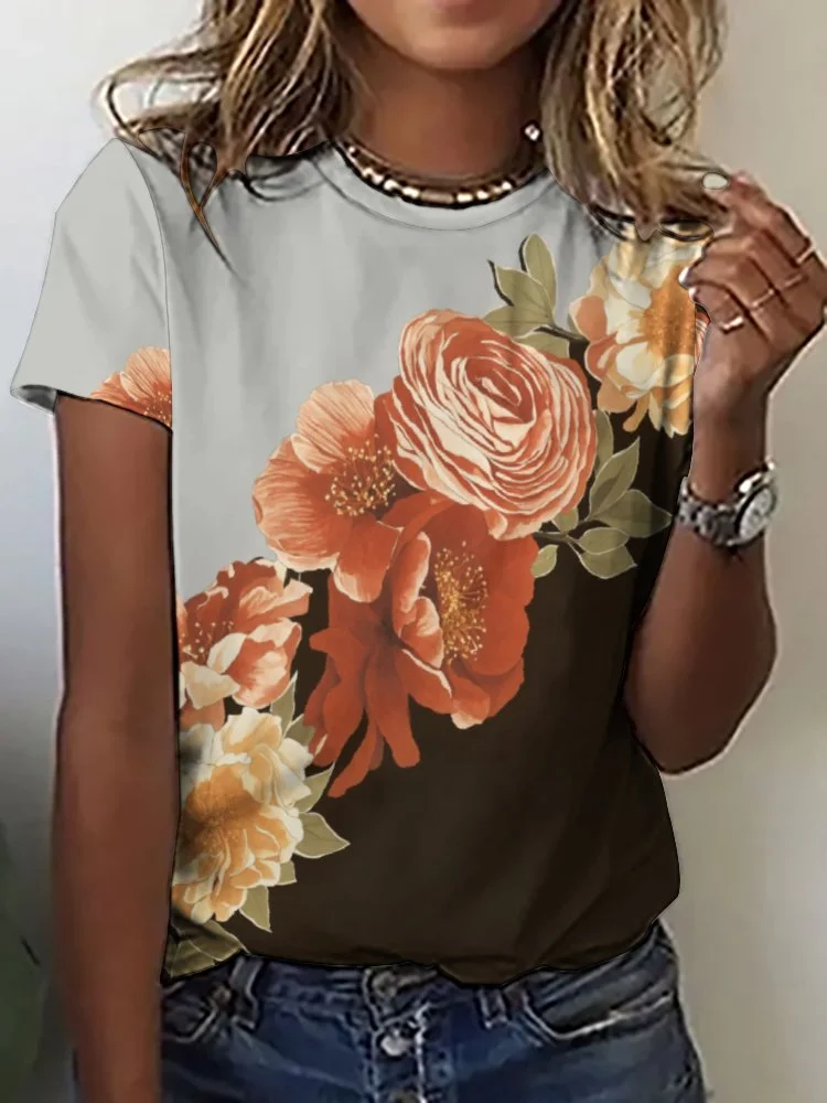 Printed Short Sleeve Casual T-shirt for  Women and Men Unisex Pattern Floral, Gray, Orange, Black