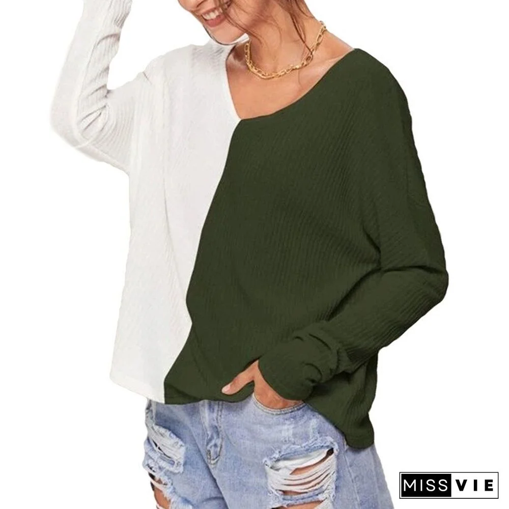 Women's Long-sleeved V-neck Stitching Tops Simple Contrast Color Loose Simple T-shirt Casual Warm Knitted Clothing