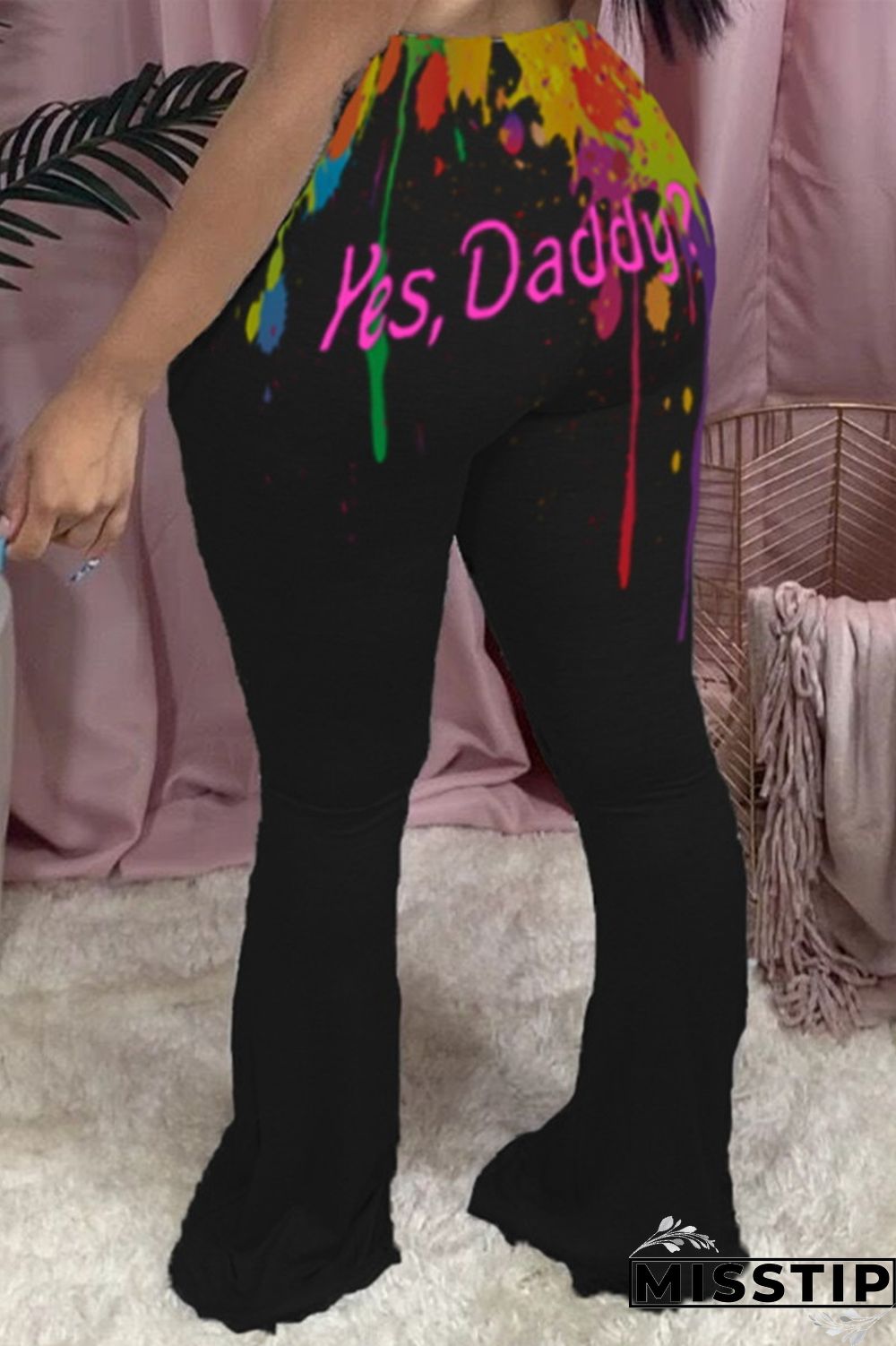 Black Fashion Casual Print Basic Regular High Waist Speaker Positioning Trousers