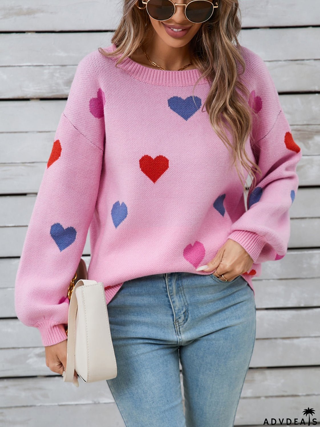 Heart-shaped, long-sleeved crew neck sweater