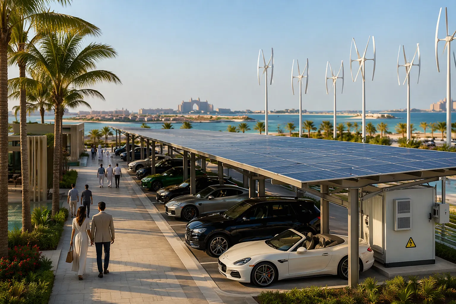 Solar canopy over resort parking lot with vertical-axis wind turbines along beach