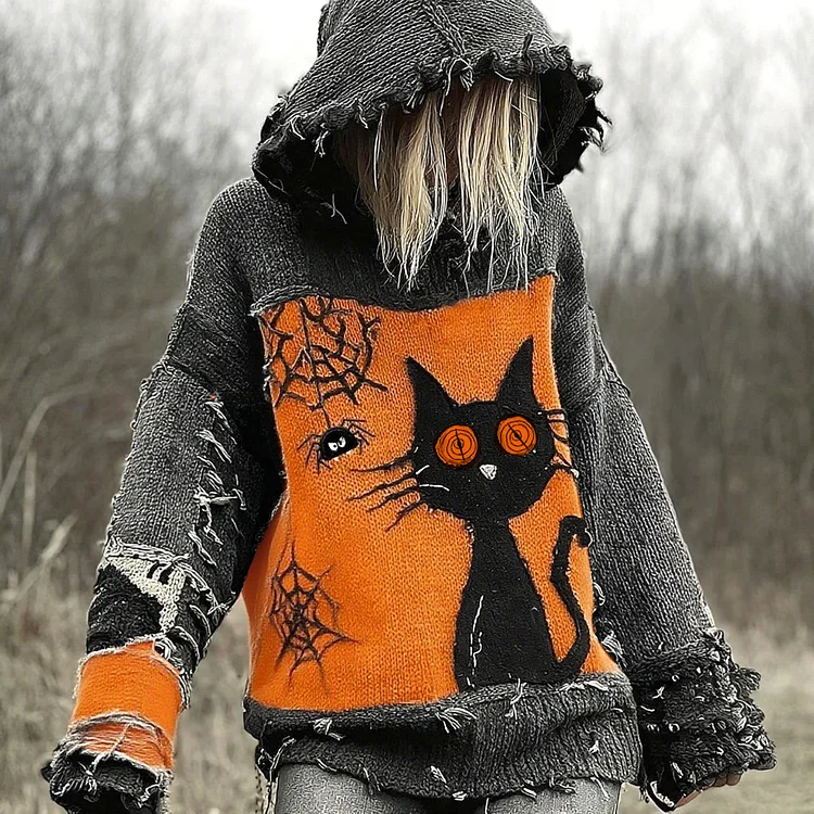 Halloween Scared Black Cat Patchwork Stitched Cozy Knit Hooded