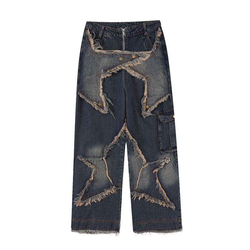 Sopula Vintage Washed Star Patchwork Raw Edge Jeans - SOPULA