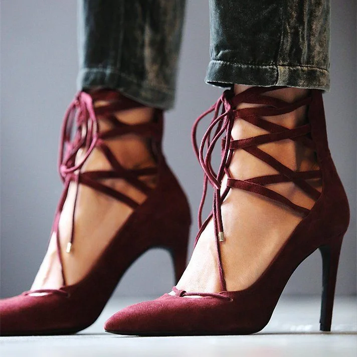 Burgundy Suede Lace-up Stiletto Heel Pumps Vdcoo
