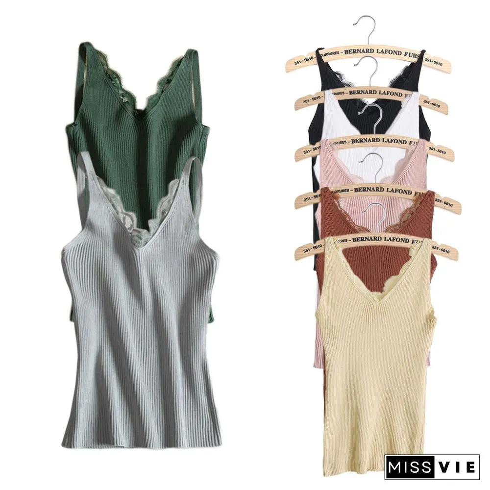 Sexy Women Plain Camisole Lace Splicing Double V Neck Vest Slim Sling Tank Tops