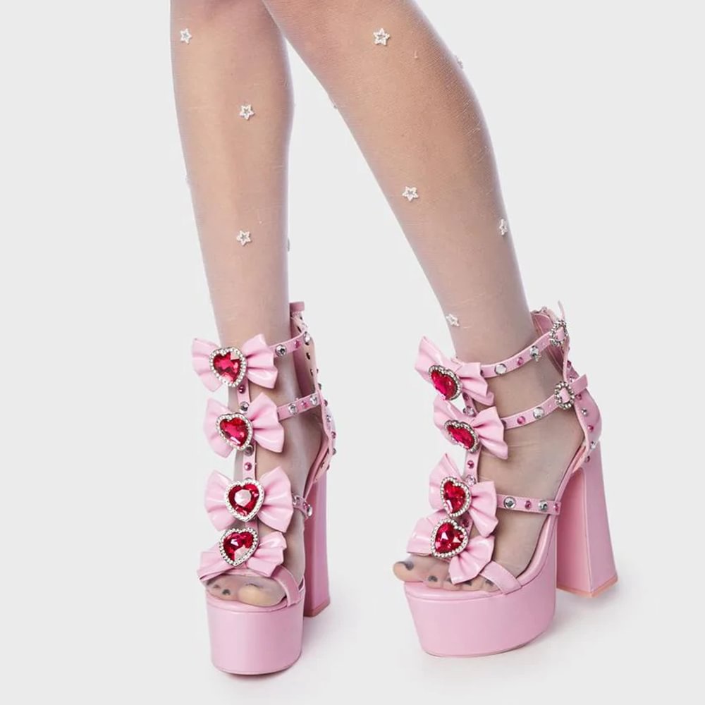 Pink Sandals With Platform Bow Decor Strappy Chunky Heels Nicepairs