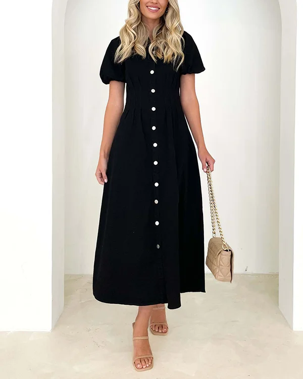 Women's Short Sleeve Solid Button Long Dress