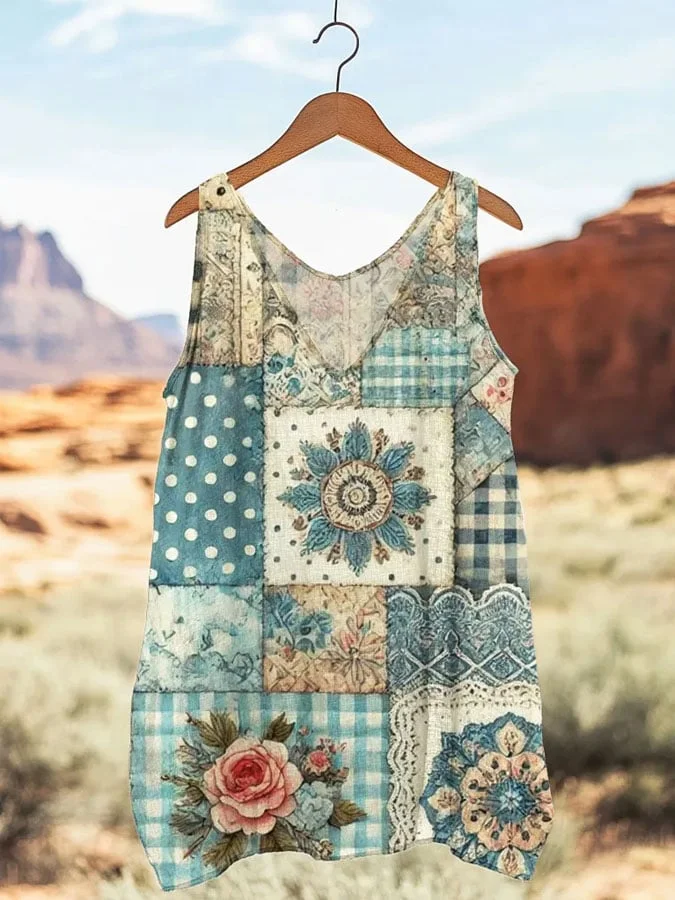 Women's Retro Loose Floral Patchwork Linen Suspender Sleeveless Tank Top 