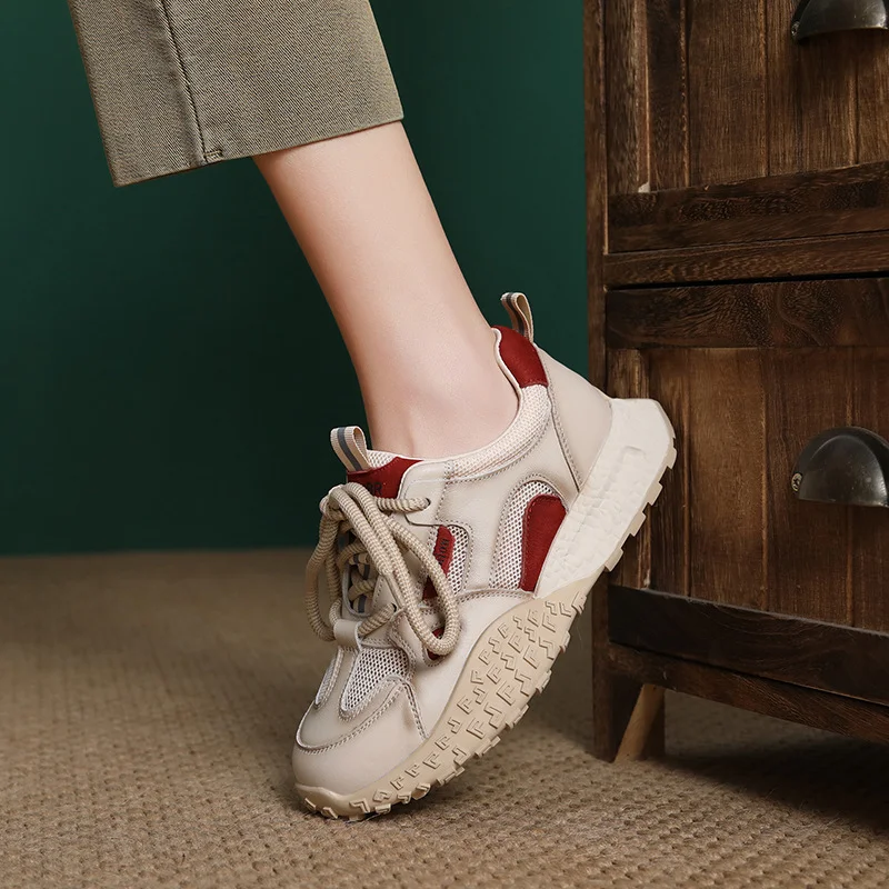 Yyvonne Layer Of Cowhers Old Dad Shoes 2025 Spring And Summer New Breathable Mesh Thick Bottom Casual Lace Single Shoes