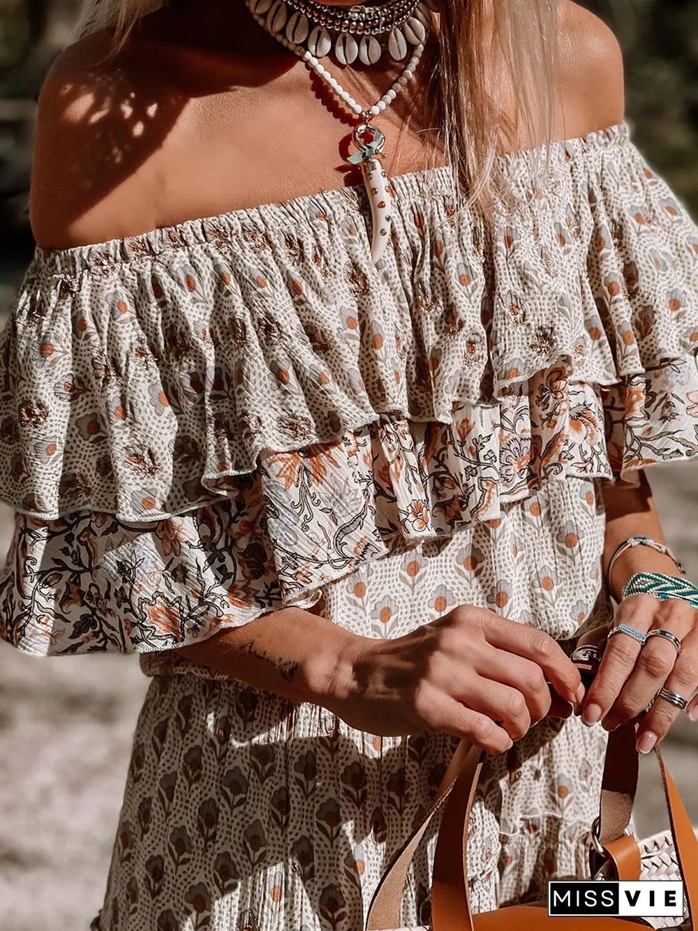 Off-the-shoulder Ruffle Smocked Print Maxi Dress P13702