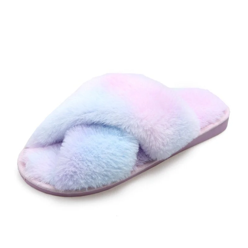 Winter Women Mix Colors Furry Slippers Flat Fluffy Soft Fur House Slides Floor Non Slip Warm Fashion Indoor Shoes Ladies Trend