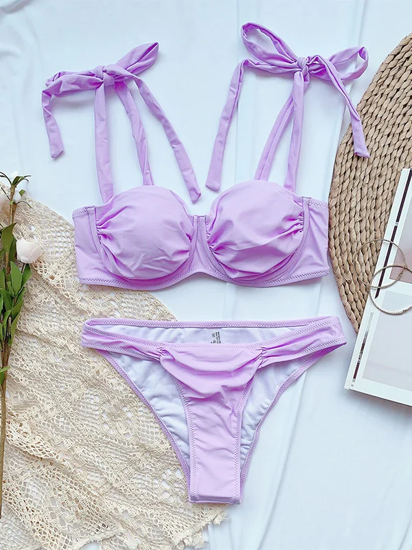 Solid Color Fold Knotted Bandeau Underwired Split Bikini Swimsuit 