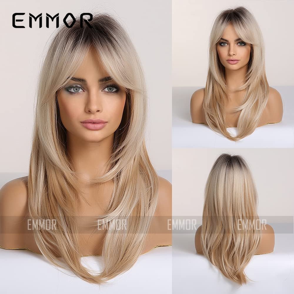EMMOR™ Gradient golden black brown hot sale medium long straight hair curly tail wig