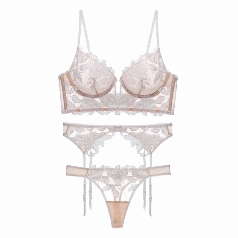 Sexy Fancy Lingerie Deep V Cup Push Up Bra Set Woman Embroidery Transparent Bra and Panty Sets See Through Erotic Underwear