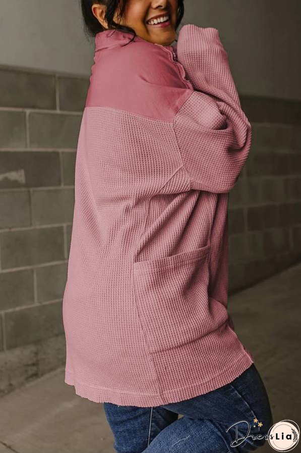 Smoke Green Waffle Patchwork Drop Sleeve Henley Top