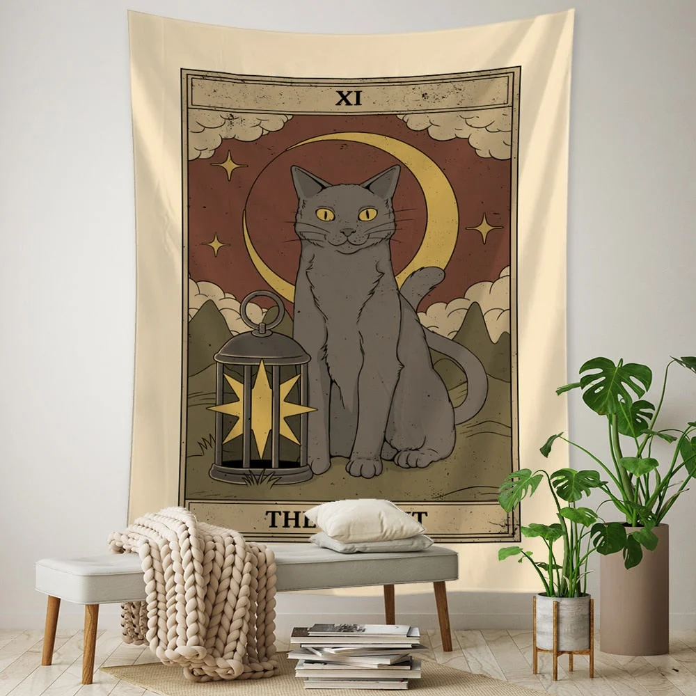 Tarot Card Tapestry Wall Hanging Bohemian Style Cat Mysterious Divination Witchcraft Beach Moon Phases Beautiful Room Decor
