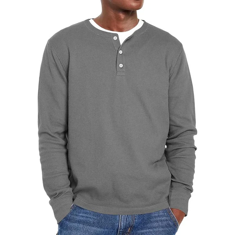 Men's Casual Henley Collar Waffle Loose Long Sleeve T-Shirt