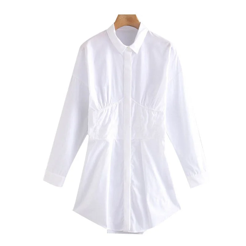 TRAF Women Chic Fashion Pleated White Mini Shirt Dress Vintage Long Sleeve Button-up Female Dresses Vestidos Mujer