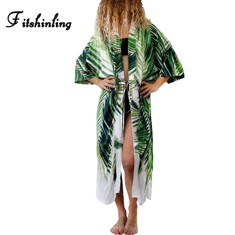 Fitshinling Side slit beach cover up boho geometric sexy hot robe swimwear output long blouse shirt drawstring waist cover-ups