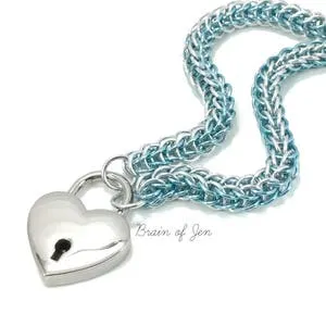 pornhint Pornhint BDSM Chainmail Slave Collar Aqua Blue and Silver with Heart Shaped Padlock