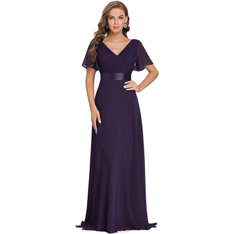 Uveng Uveng Sales Of Large Swing V-Neck Dress Chiffon Elastic Banquet Festival Annual Bridesmaid Performance Evening Dress Woman