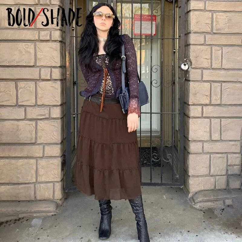 Bold Shade Fairy Grunge Aesthetic Midi Skirt Mesh Skinny Streetwear Fashion Skirts y2k 90s Vintage Style Indie Women Clothes Hot