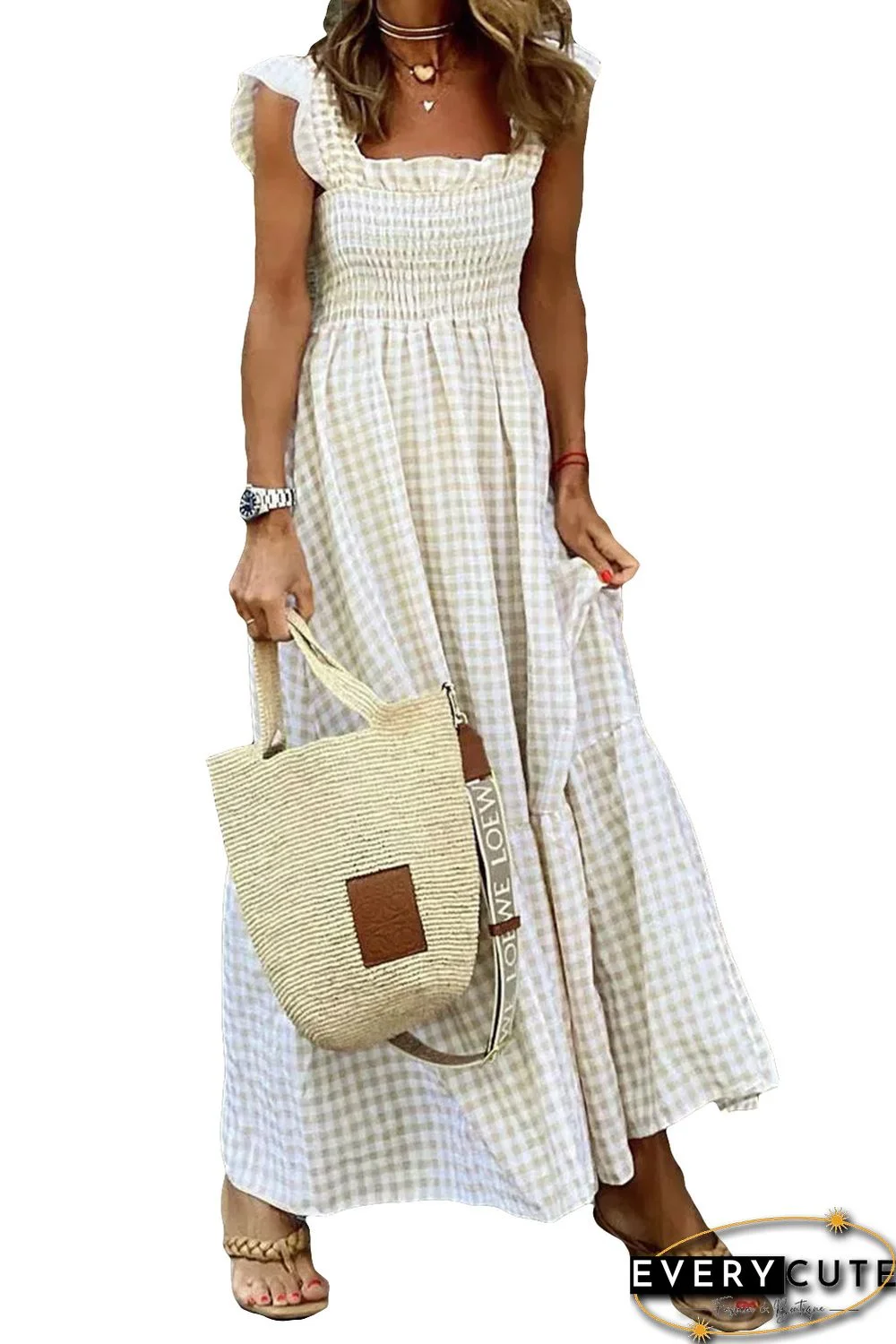 Khaki Plaid Ruffled Sleeve Smocked Maxi Dress