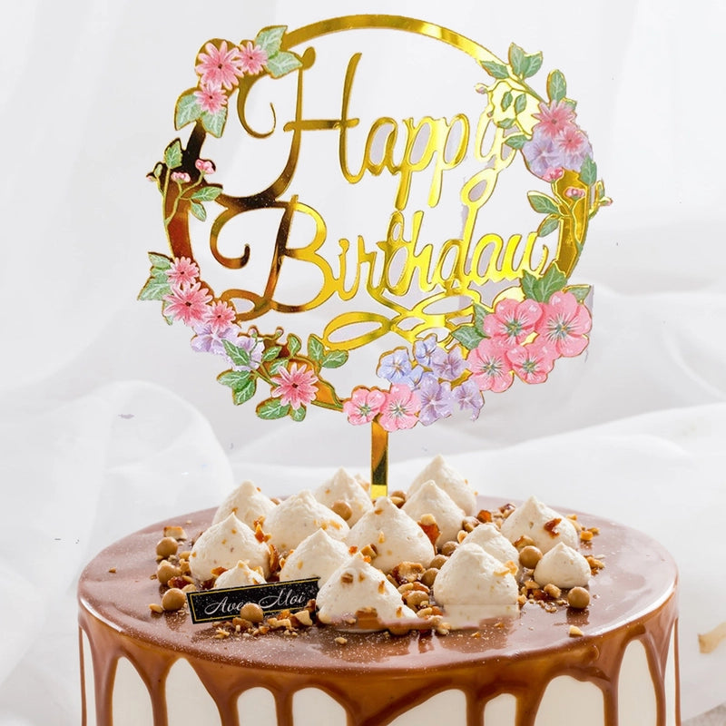 Acrylic Cake Topper Ins Style Floral Uv Color Printing Happy Birthday Dessert Decoration Plugin