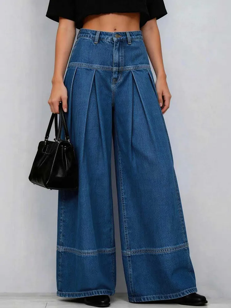 High Waisted Loose Buttoned Pleated Solid Color Split-Joint Jean Pants Bottoms